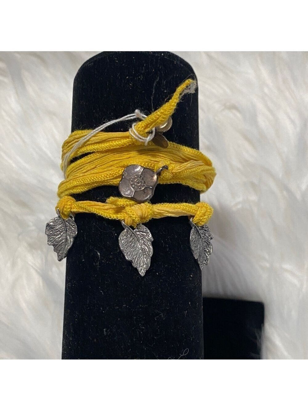 Yellow Wrap Bracelet with Silver Leaf Charms on silk cord